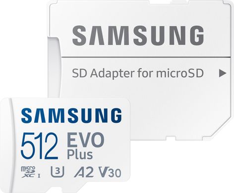 Карта памяти Samsung 512 GB microSDXC Class 10 UHS-I U3 V30 A2 EVO Plus + SD Adapter MB-MC512KA