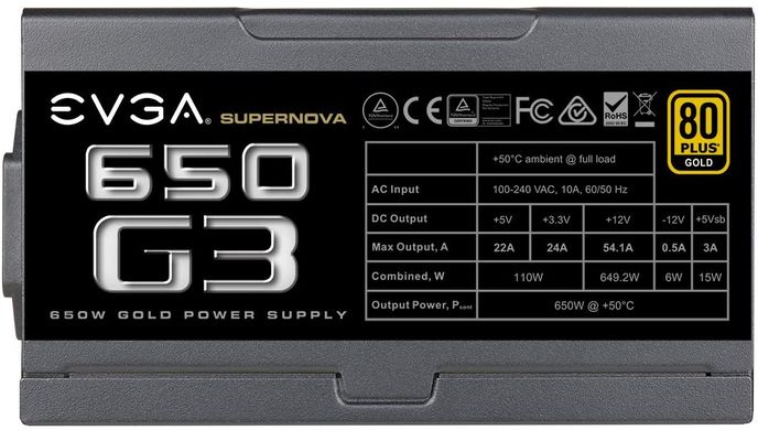 Блок питания EVGA SuperNova 650 G3 220-G3-0650-Y1, 80+ GOLD 650W, Fully Modular, ECO Mode