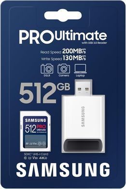 Карта памяти Samsung Pro Ultimate SDXC 512GB UHS-I U3 V30 + считыватель (MB-SY512SB/WW)