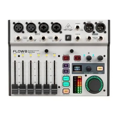 Микшерный пульт Behringer Flow 8, Всі канали з 4-смуговим еквалайзером та компресором, 2 FX та 2 моніторні посили, монітор та основні шини оснащені 9-смуговим еквалайзером та лімітером