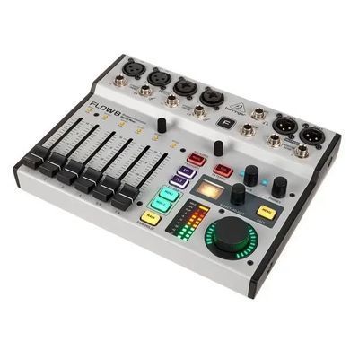 Микшерный пульт Behringer Flow 8, Всі канали з 4-смуговим еквалайзером та компресором, 2 FX та 2 моніторні посили, монітор та основні шини оснащені 9-смуговим еквалайзером та лімітером