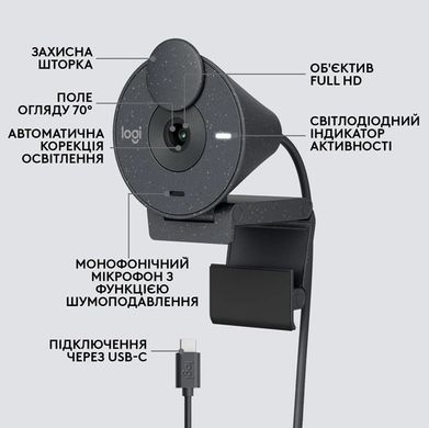 Веб-камера Logitech Brio 300 FHD Graphite (960-001436) Открытая коробка, Серый, Серый