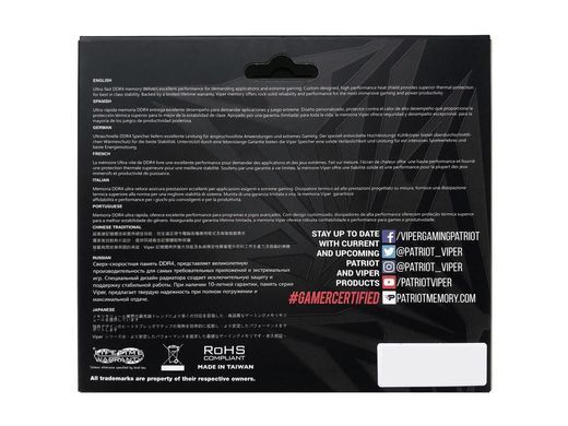 Оперативна пам'ять PATRIOT 16 GB (2x8GB) DDR4 4000 MHz Viper Steel (PVS416G400C9K), DDR4, 16 Гб, 2, Охолодження модуля, Відсутня