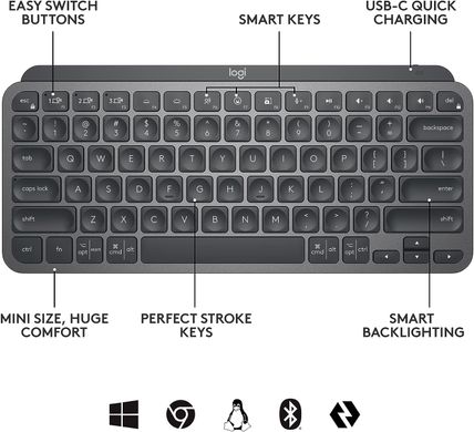 Клавіатура Logitech MX Keys Mini Wireless Illuminated Keyboard for Business us/ansi Graphite (920-010594), Темно-сірий