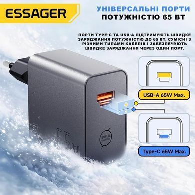 Мережевий зарядний пристрій ESSAGER 65W GaN Fast Charger (ES-CD65)