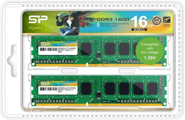 Оперативна пам'ять Silicon Power 16GB (2 x 8GB) DDR3 1600 CL11 SP016GLLTU160N22, DDR3, 16 Гб, 2, Підтримка профілю XMP, Відсутня